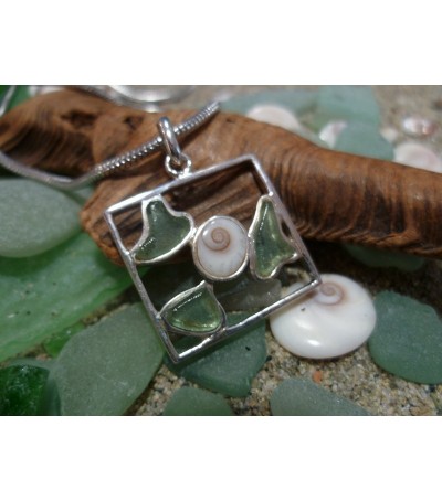 Pendentif argent massif oeil de Sainte Lucie et verre de plage