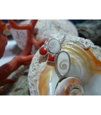 Pendentif argent massif corail rouge et oeil de Sainte Lucie