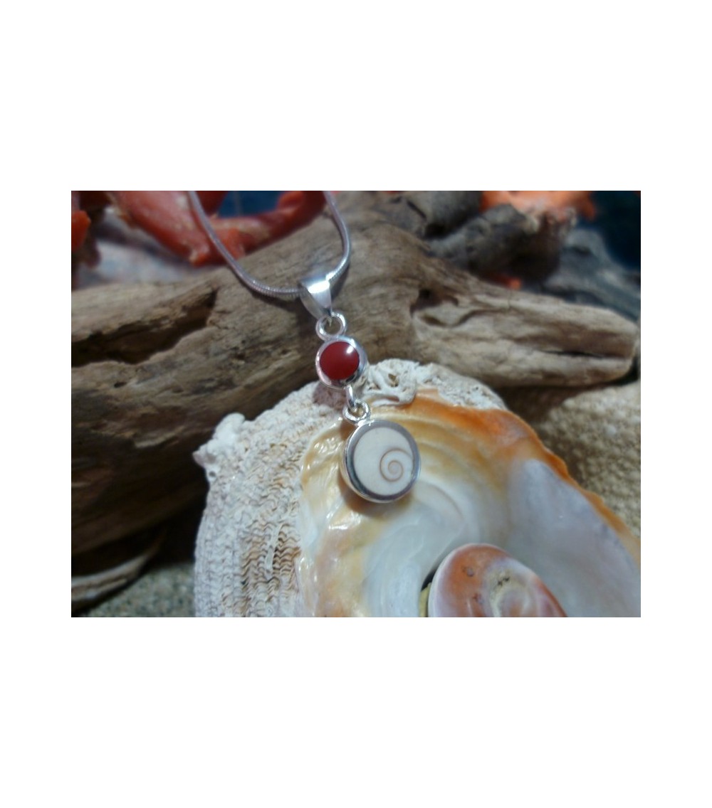 Pendentif argent massif corail rouge et oeil de Sainte Lucie