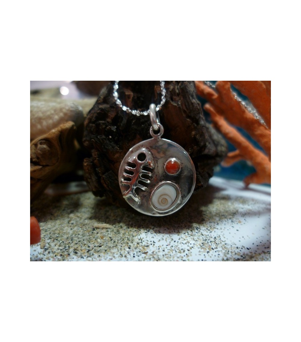 Pendentif argent massif corail rouge et oeil de Sainte Lucie