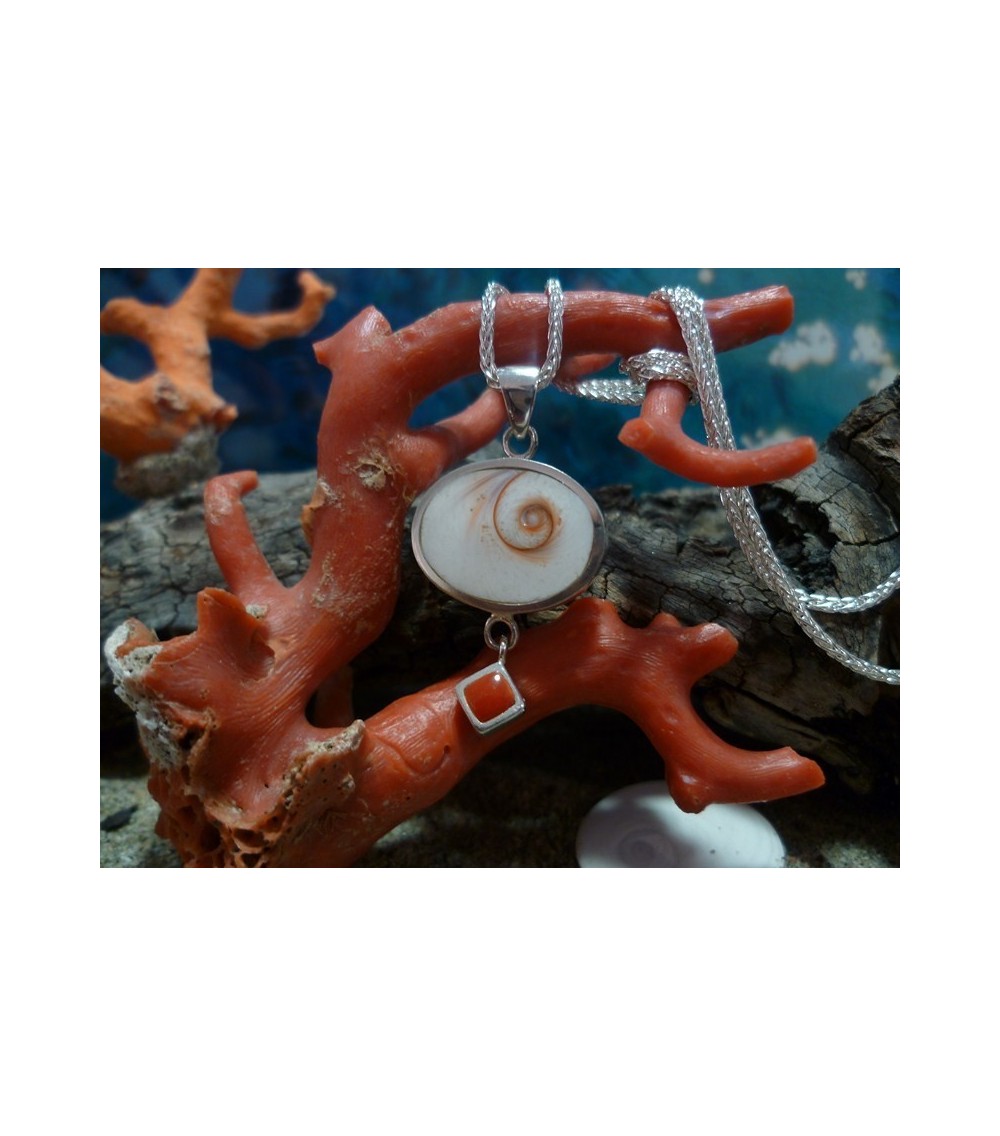 Pendentif argent massif corail rouge et oeil de Sainte Lucie