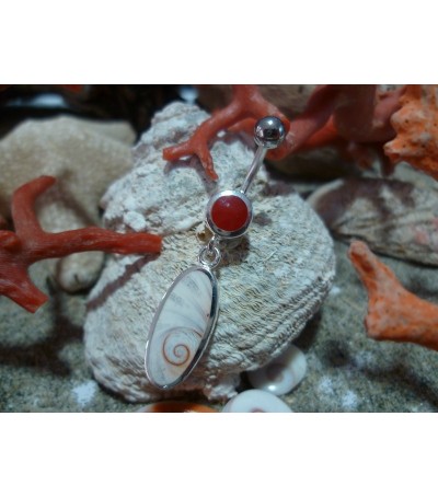 Piercing argent massif corail rouge et oeil de Sainte Lucie