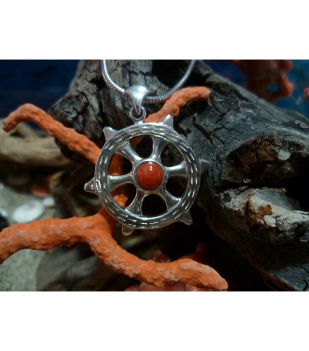 Pendentif argent massif corail rouge et oeil de Sainte Lucie