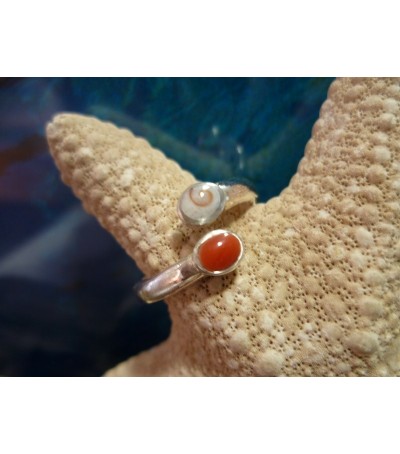 Bague argent massif corail rouge et oeil de Sainte Lucie