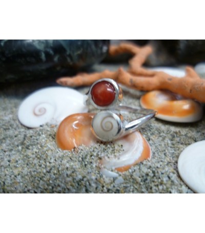 Sterling silver ring with red coral and the Eye of Saint Lucia
