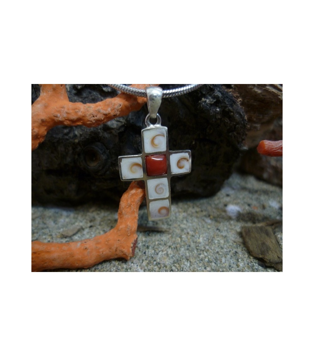Sterling silver pendant with red coral and the Eye of Saint Lucia