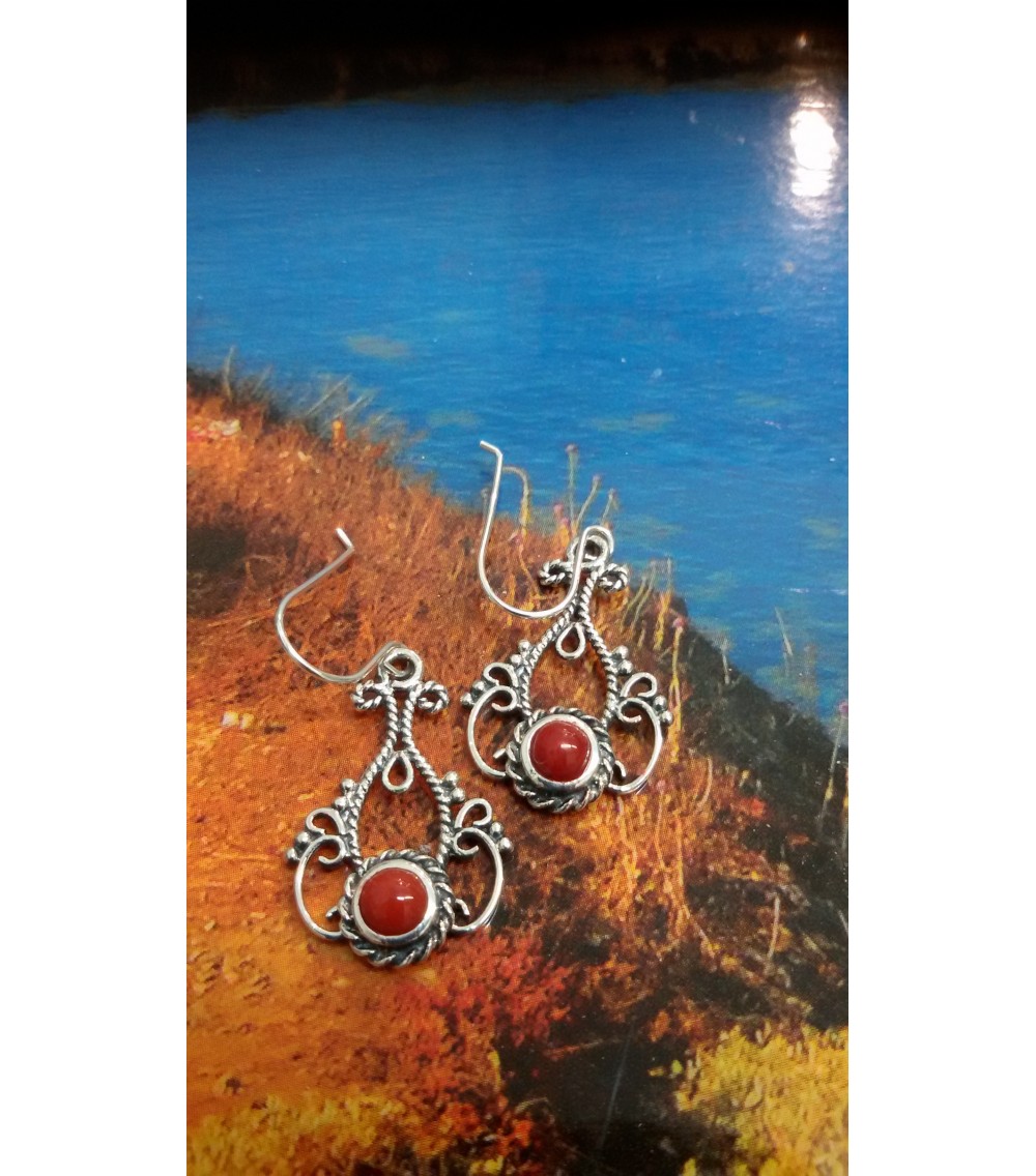 Boucles d'oreille argent massif et corail rouge de Méditerranée