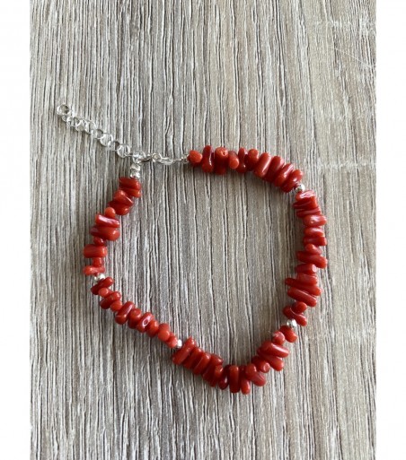 Bracelet (12 cm/3MM) argent massif et corail rouge de Méditerranée