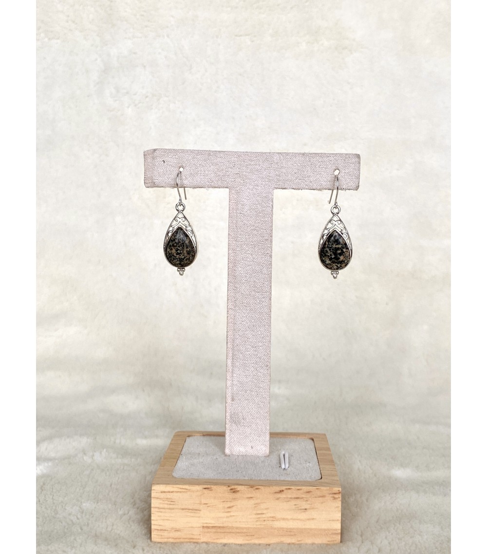 Boucles d'oreille argent massif et Diorite noire