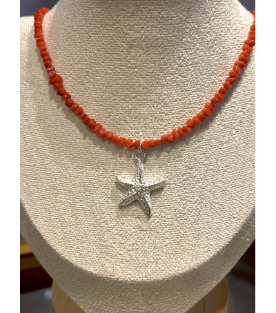 Collier argent massif et corail rouge de Méditerranée