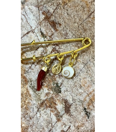 Broche doré Corail et Oeil de Sainte Lucie
