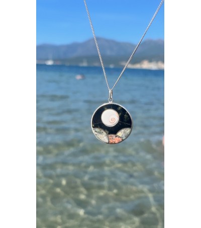 Pendentif argent massif oeil de Sainte Lucie et mélange de pierres de Corse