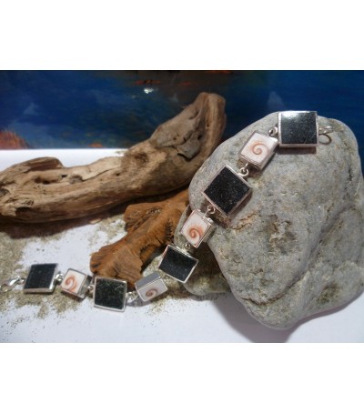 Bracelet argent massif oeil de Sainte Lucie et diorite noire